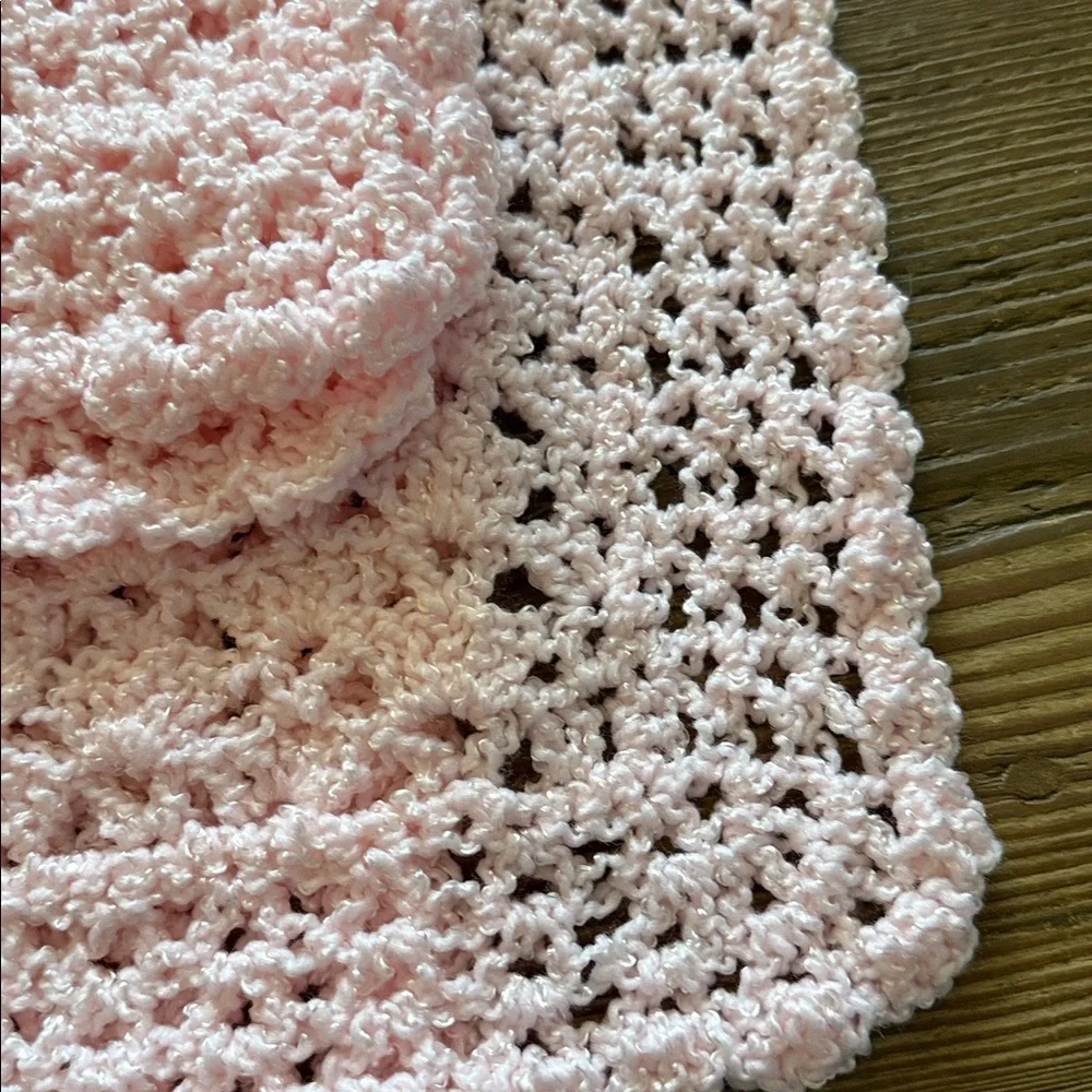 New Hand Knit/Crocheted Baby Blanket - baby pink 50” x 37”